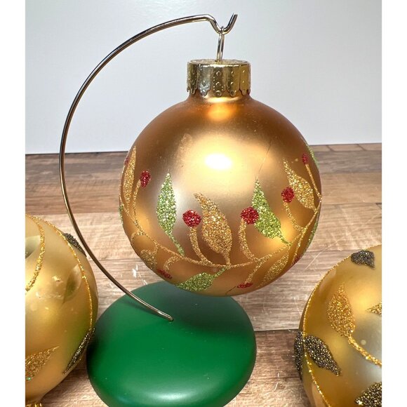 Set Of 3 Gold Glass Christmas Ornaments With Glittery Leaf & Berry Design - Picture 2 of 4